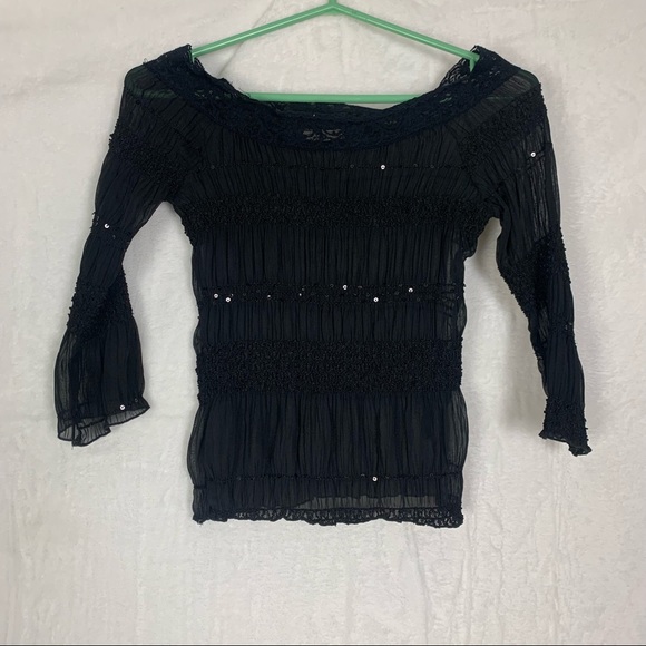 sirens small black sheer mesh shirred blouse - Picture 6 of 8